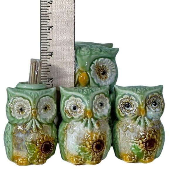 Owl Ceramic Kitchen Set Functional Hand Painted Art Green Yellow Sunflower 4 PC - Picture 8 of 15